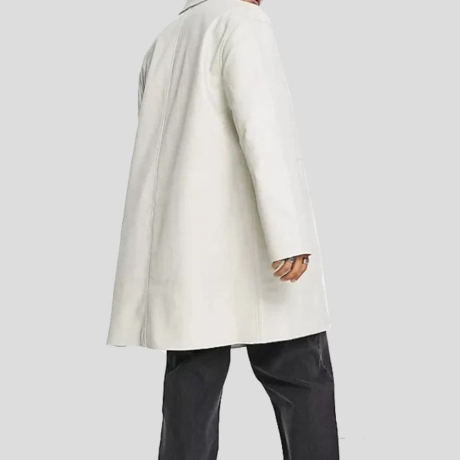 Sophisticated Men's White Leather Trench Coat