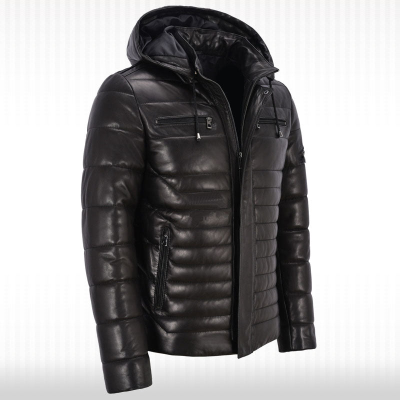 Men's Real Leather Puffer Hooded Jacket - Fully Quilted Black Hoodie
