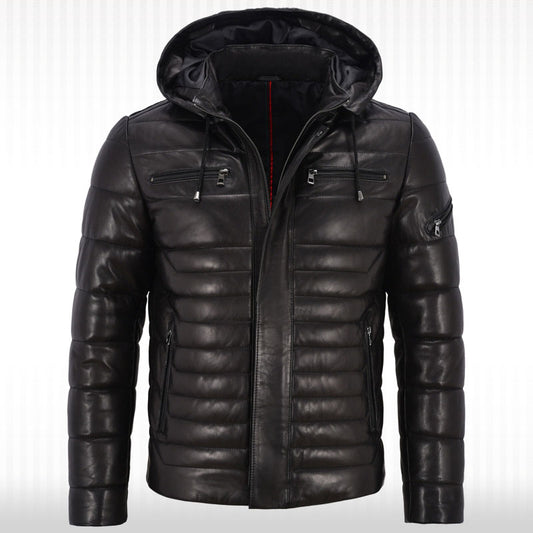 Men's Real Leather Puffer Hooded Jacket - Fully Quilted Black Hoodie