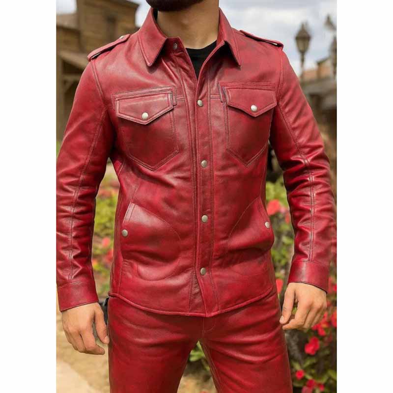 Men's Red Distressed Biker Leather Shirt by Jackets Kingdom