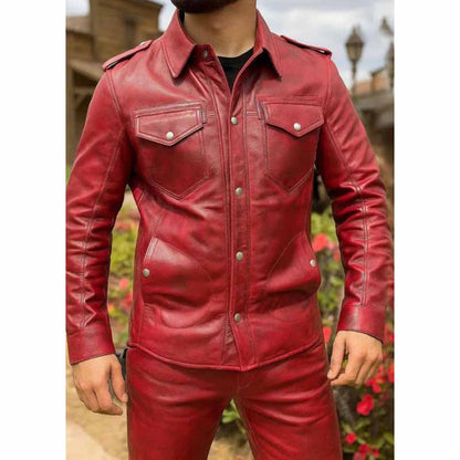 Men's Red Distressed Biker Leather Shirt by Jackets Kingdom
