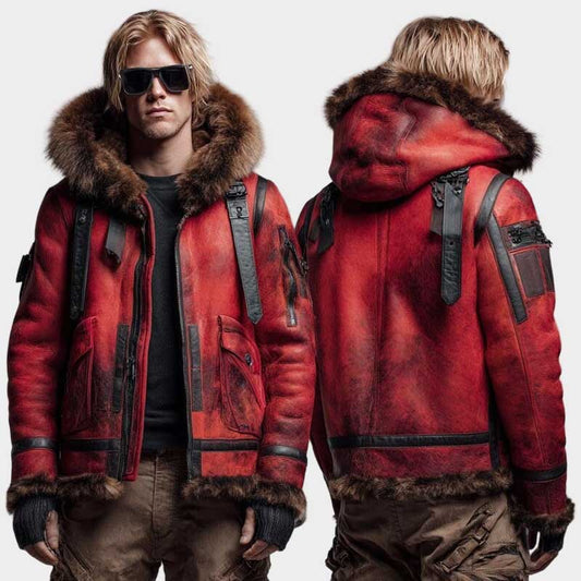 Men's red distressed shearling aviator B3 jacket with luxurious fur-lined hood