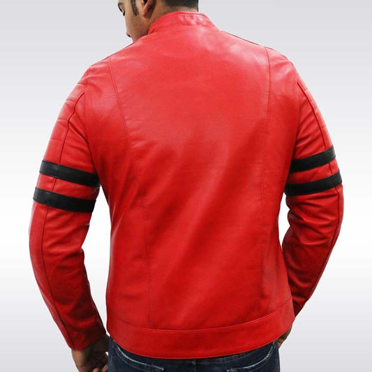 Red leather jacket with black stripes on sleeves