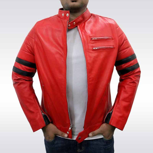 Men's Red Leather Biker Jacket with Black Stripes