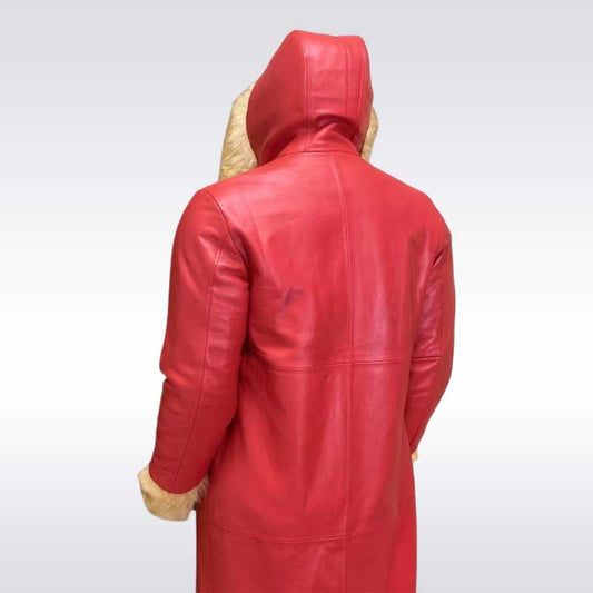 Men’s Red Leather Christmas Coat with Fur Hood