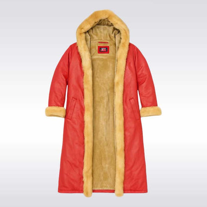 Men’s Red Leather Christmas Coat with Fur Hood