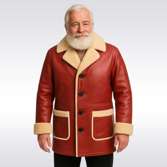 Men’s Red Leather Santa Claus Jacket with Fur Trim