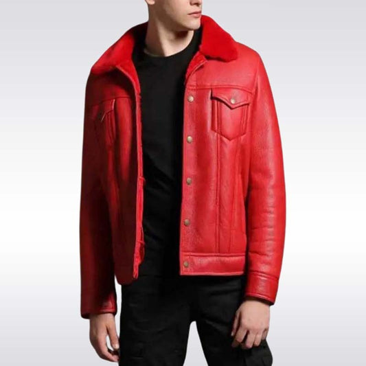 Men’s Red Shearling Trucker Leather Jacket
