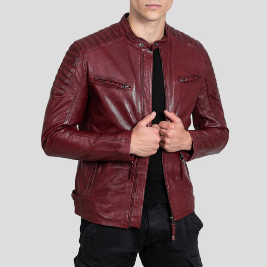 Men's Red Genuine Sheep Leather Biker Jacket - Red Jacket