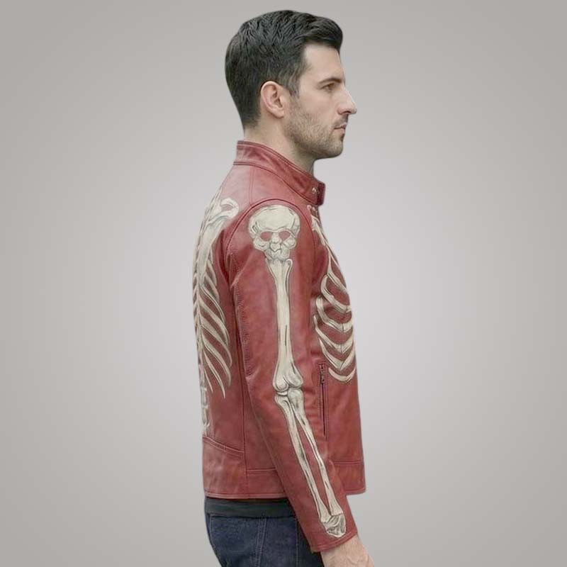 Stylish red biker leather jacket with gothic skeleton design for men