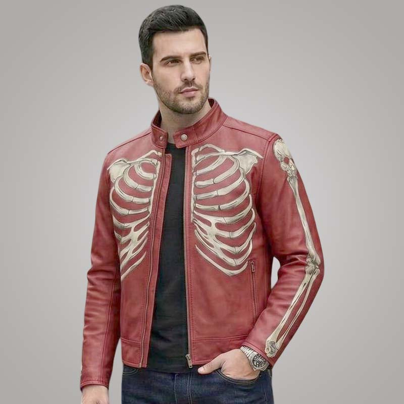 New red leather motorcycle jacket for men with skeleton punk artwork by Jackets Kingdom