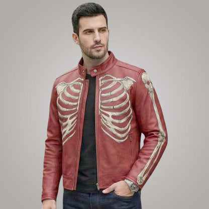 New red leather motorcycle jacket for men with skeleton punk artwork by Jackets Kingdom