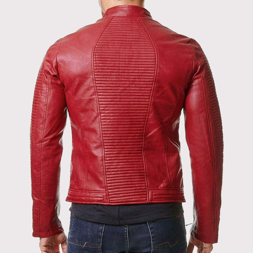 Men's Slim Fit Red Leather Biker Jacket