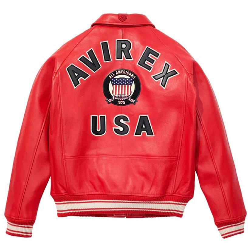 Red Varsity Bomber Avirex Leather Jacket for Men