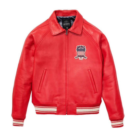 Red Varsity Bomber Avirex Leather Jacket for Men