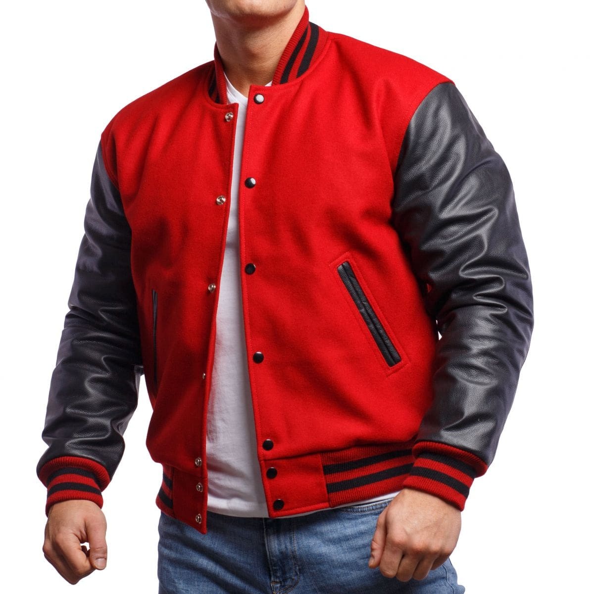 Men's Red Varsity Leather Jacket with Black Sleeves