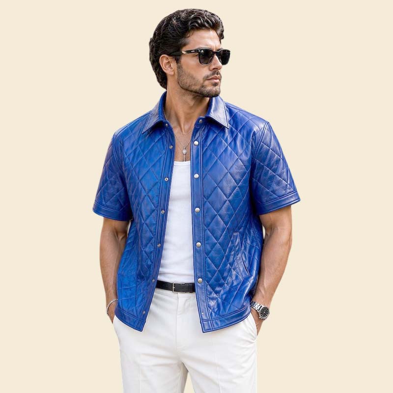 New royal blue leather shirt jacket for men with quilted diamond stitching by Jackets Kingdom