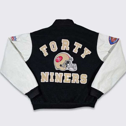 Mens San Francisco 49ers 80s Black Wool Varsity Jacket White Leather Sleeves