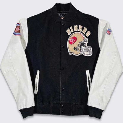 Mens San Francisco 49ers 80s Black Wool Varsity Jacket White Leather Sleeves