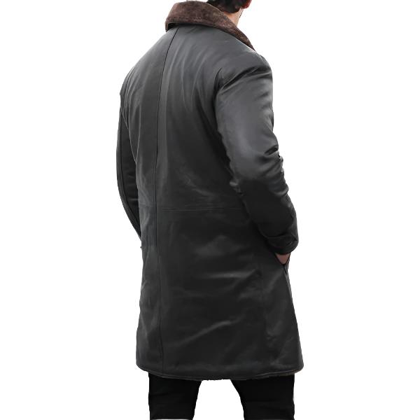 Mens Shearling Lined Black Leather Trench Coat