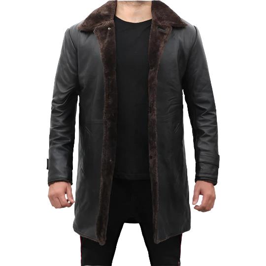 Mens Shearling Lined Black Leather Trench Coat