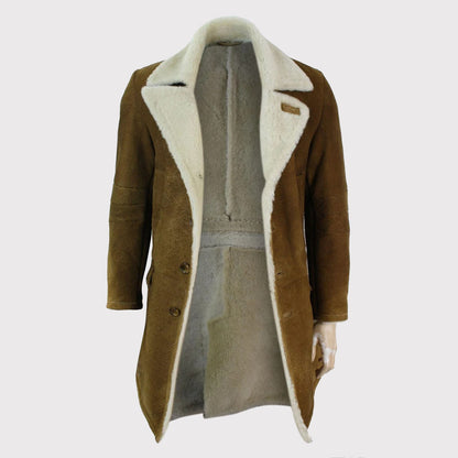 Men's Vintage Retro Tan Brown Shearling Sheepskin Overcoat