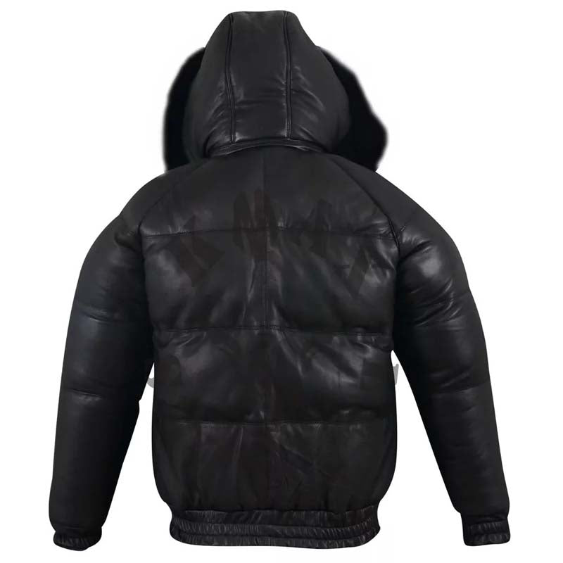 Men's Puffer Bomber Sheepskin Leather Jacket with Removable Raccoon Fur Collar & Hood