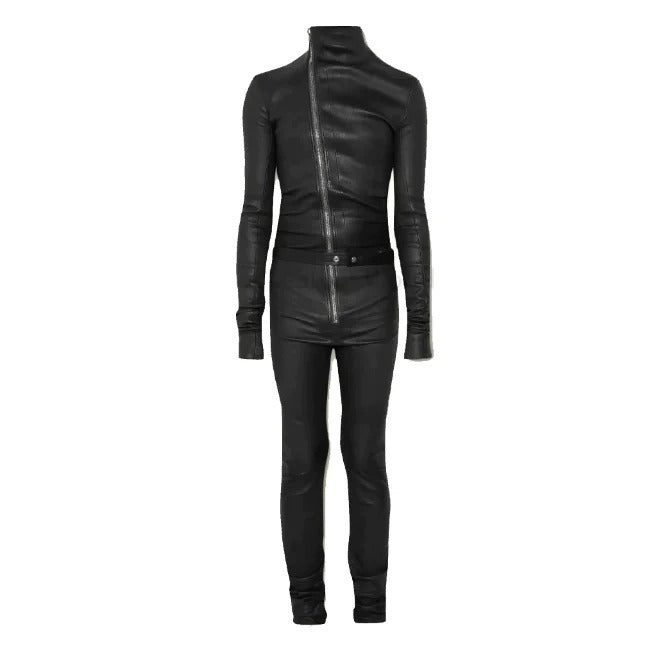 Men's Slim Fit Black Leather Jumpsuit