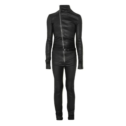 Men's Slim Fit Black Leather Jumpsuit