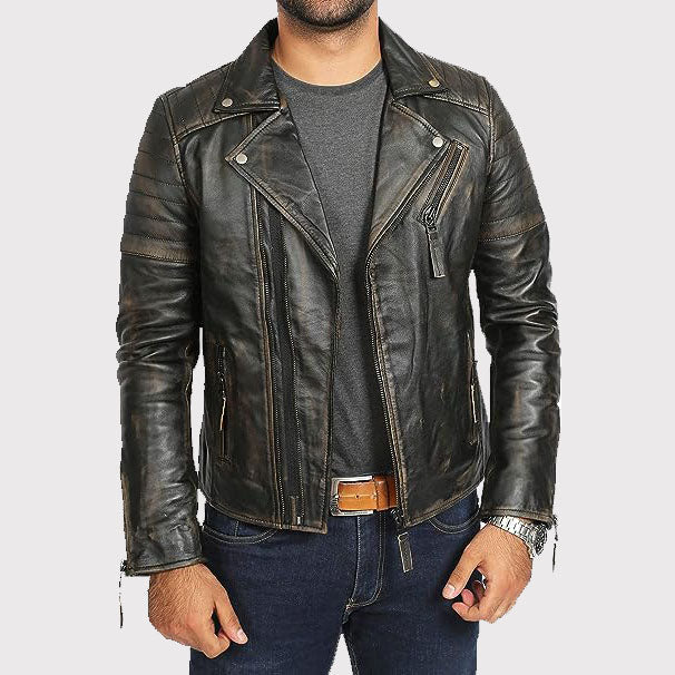 Men's Slim Fit Vintage Black Leather Biker Jacket