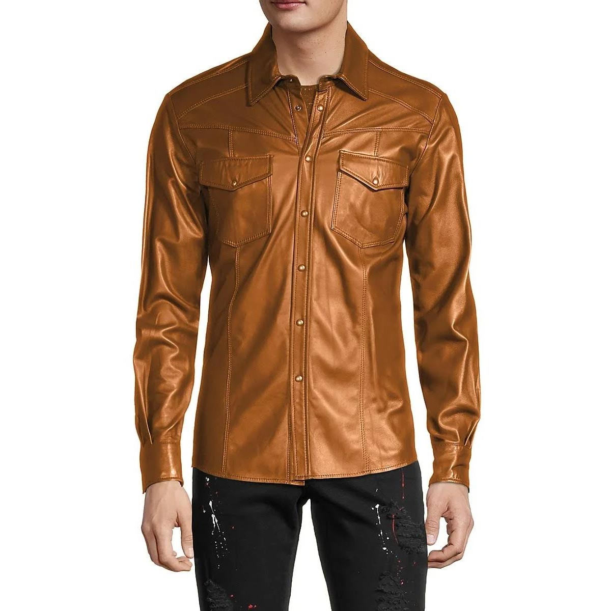 Men's Snap Front Leather Shirt in Brown