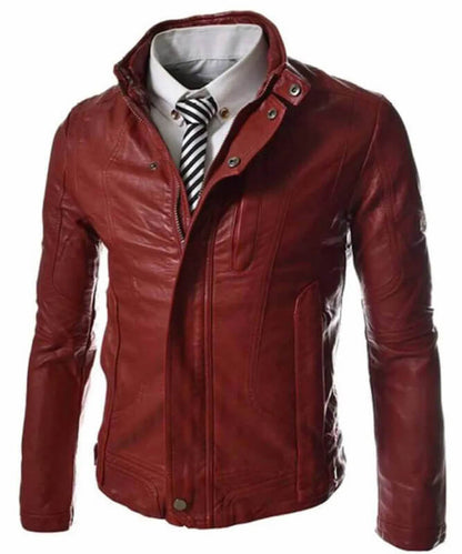 Men’s Casual Slim Fit Red Faux Leather Jacket