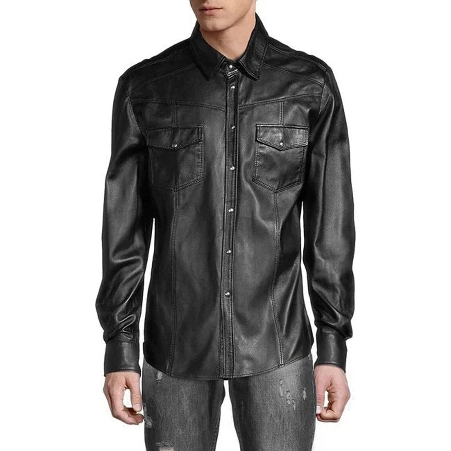 Men's Soft Real Leather Slim Fit Button-Up Shirt with Full Sleeves