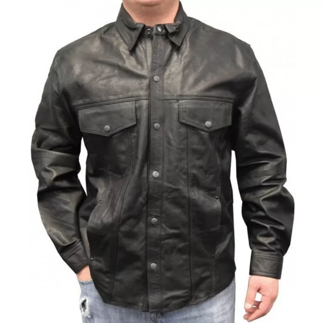 Men's Sophisticated Look Real Sheepskin Black Leather Shirt
