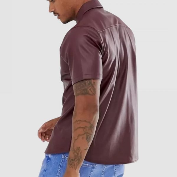 Men's Street Style Short Sleeve Real Sheepskin Burgundy Leather Shirt