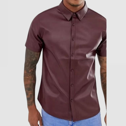 Men's Street Style Short Sleeve Real Sheepskin Burgundy Leather Shirt