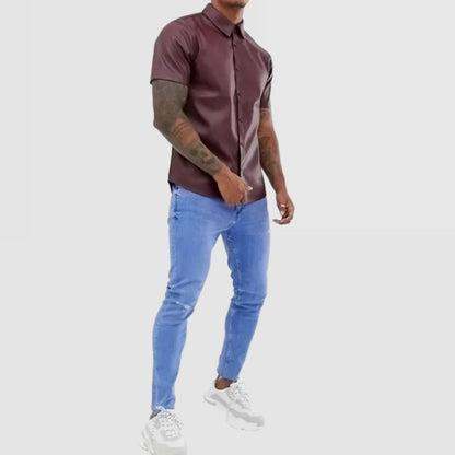 Men's Street Style Short Sleeve Real Sheepskin Burgundy Leather Shirt