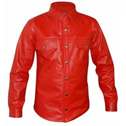 Men's Striking Look Real Sheepskin Red Leather Shirt