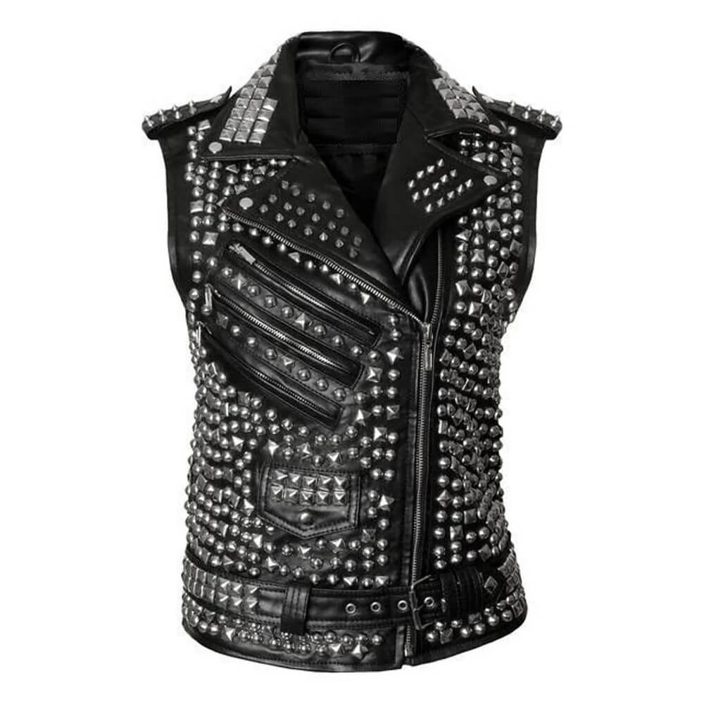 Men's Studded Brando Biker Leather Vest - Silver Studs