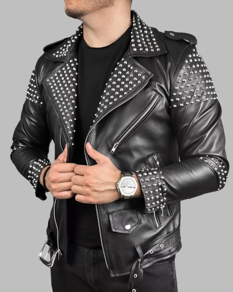 Men's Studded Leather Jacket - Motorcycle Genuine Cowhide Leather Jacket