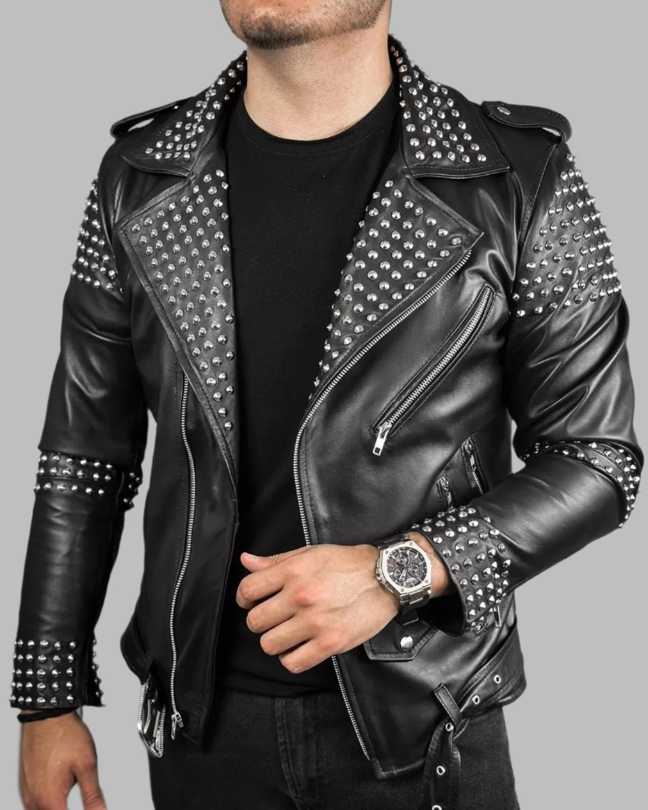 Men's Studded Leather Jacket - Motorcycle Genuine Cowhide Leather Jacket