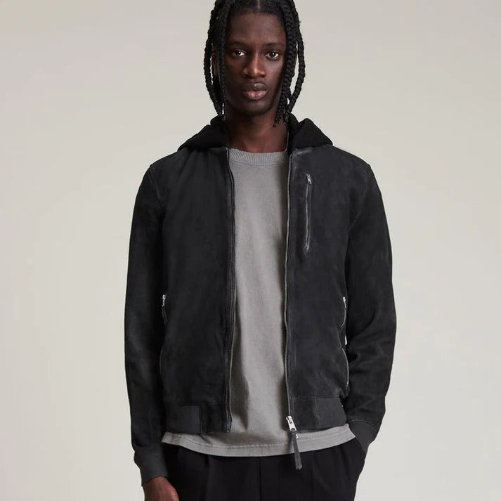 Mens Suede Leather Hooded Bomber Jacket