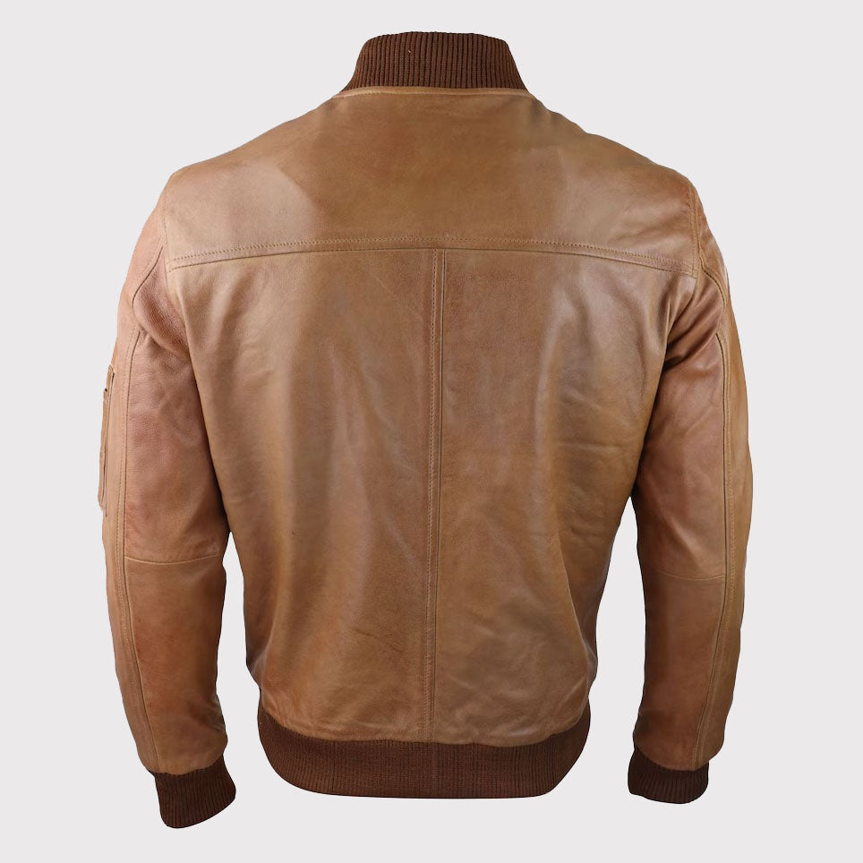 Men's Tan Brown Genuine Leather Bomber Jacket