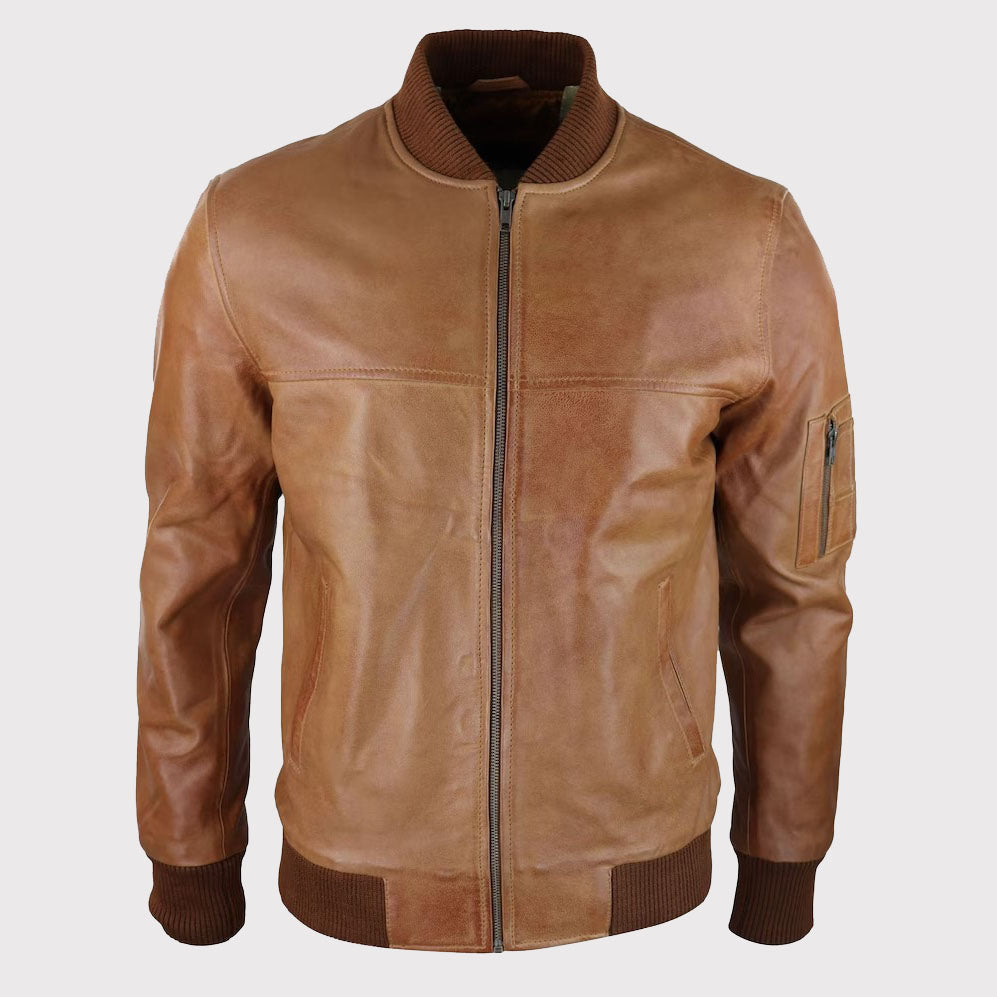 Men's Tan Brown Genuine Leather Bomber Jacket