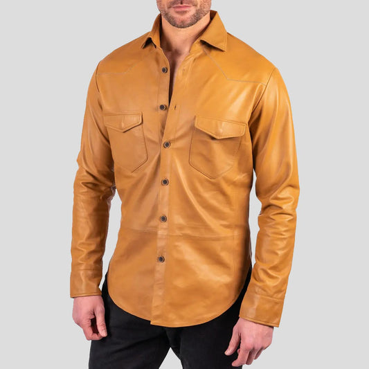 Men's Tan Brown Lambskin Leather Button-Up Shirt