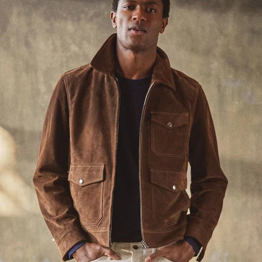 Men's Tan Brown Suede Leather Bomber Jacket