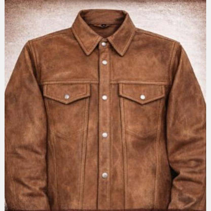 Vintage western tan leather shirt jacket for men