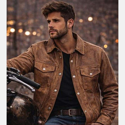 Genuine cowhide leather shirt jacket with chest flap pockets