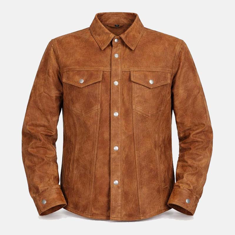Men’s distressed tan cowhide leather shirt jacket with snap buttons