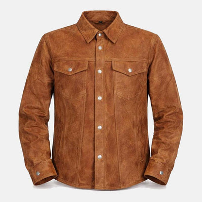 Men’s distressed tan cowhide leather shirt jacket with snap buttons